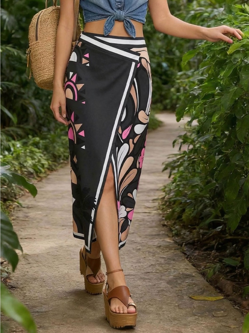 Brand New! Black Floral Wrap Midi Skirt with Front Slit - Picture 1 of 7